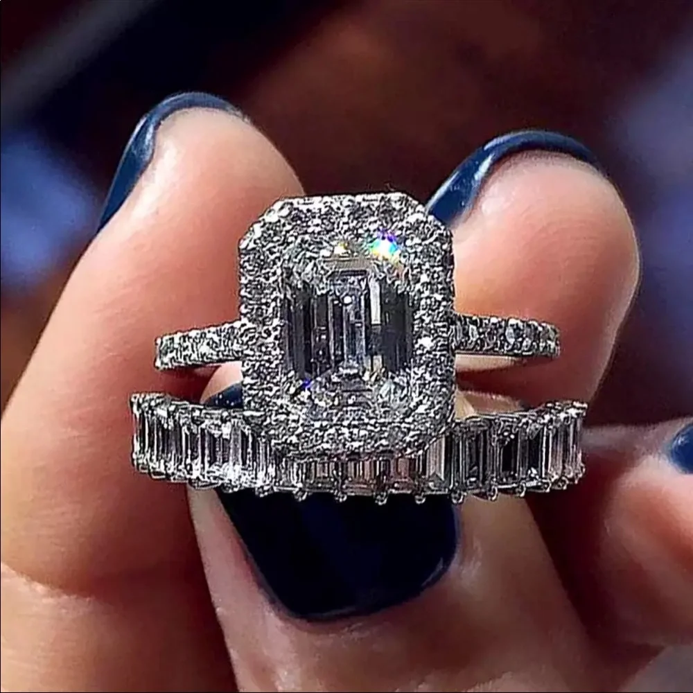 New Women’s 2 pc Set 925 Silver Engagement Diamond Ring - Picture 1 of 2